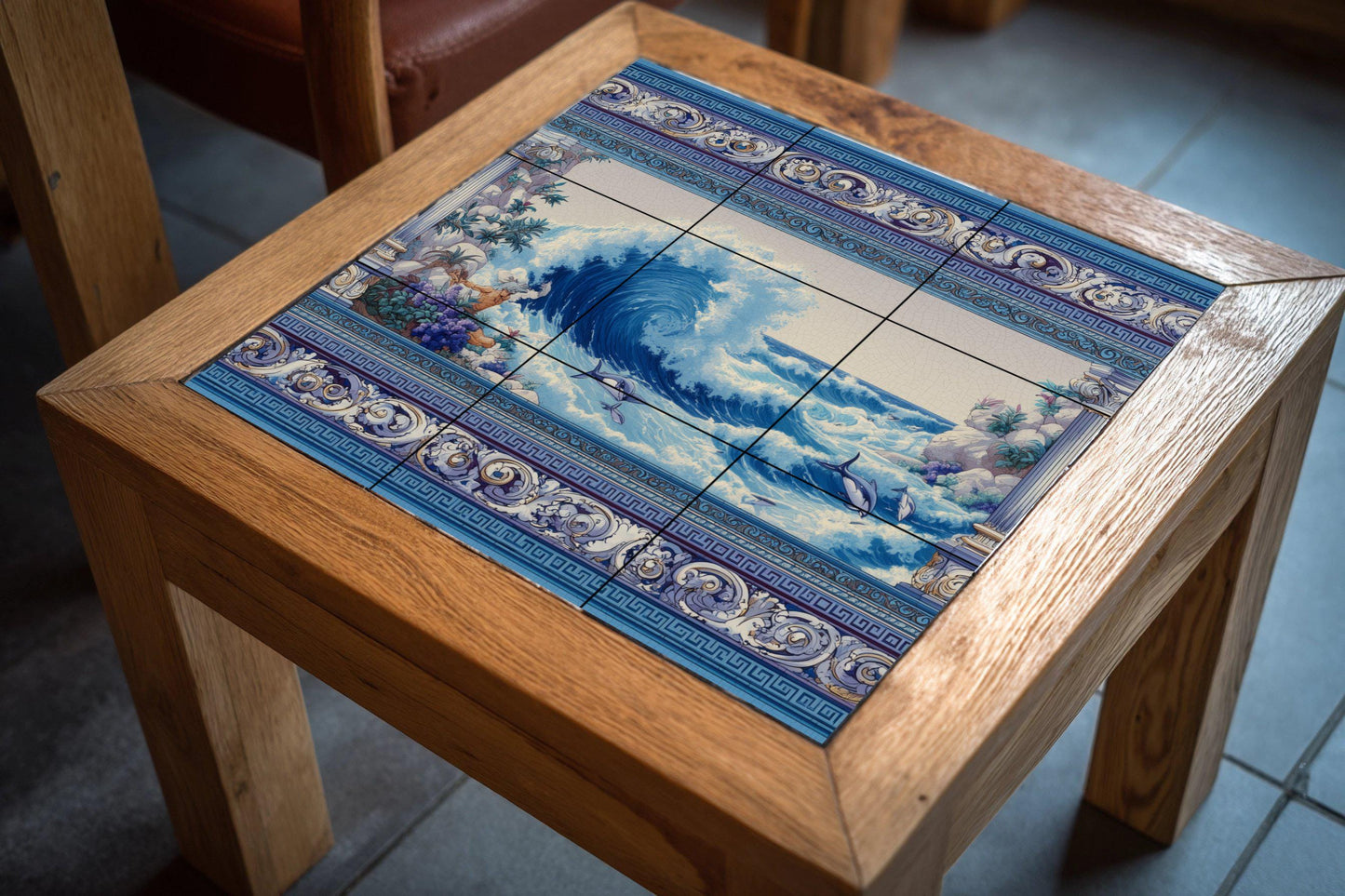 Tile mural with ocean waves / Nautical art with dolphins / Mediterranean decor / Handmade ceramic accent / Greco-Mediterranean style