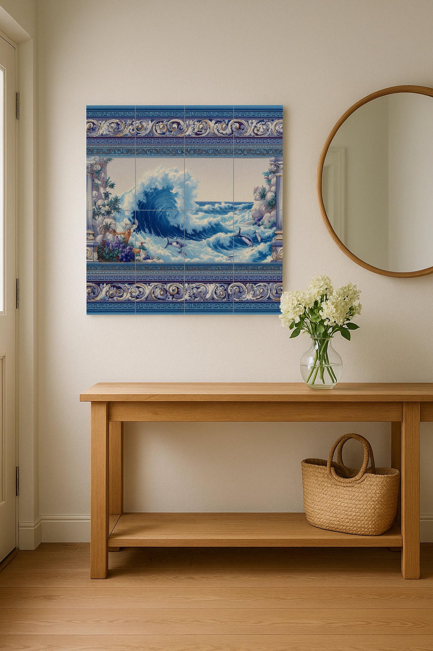 Tile mural with ocean waves / Nautical art with dolphins / Mediterranean decor / Handmade ceramic accent / Greco-Mediterranean style