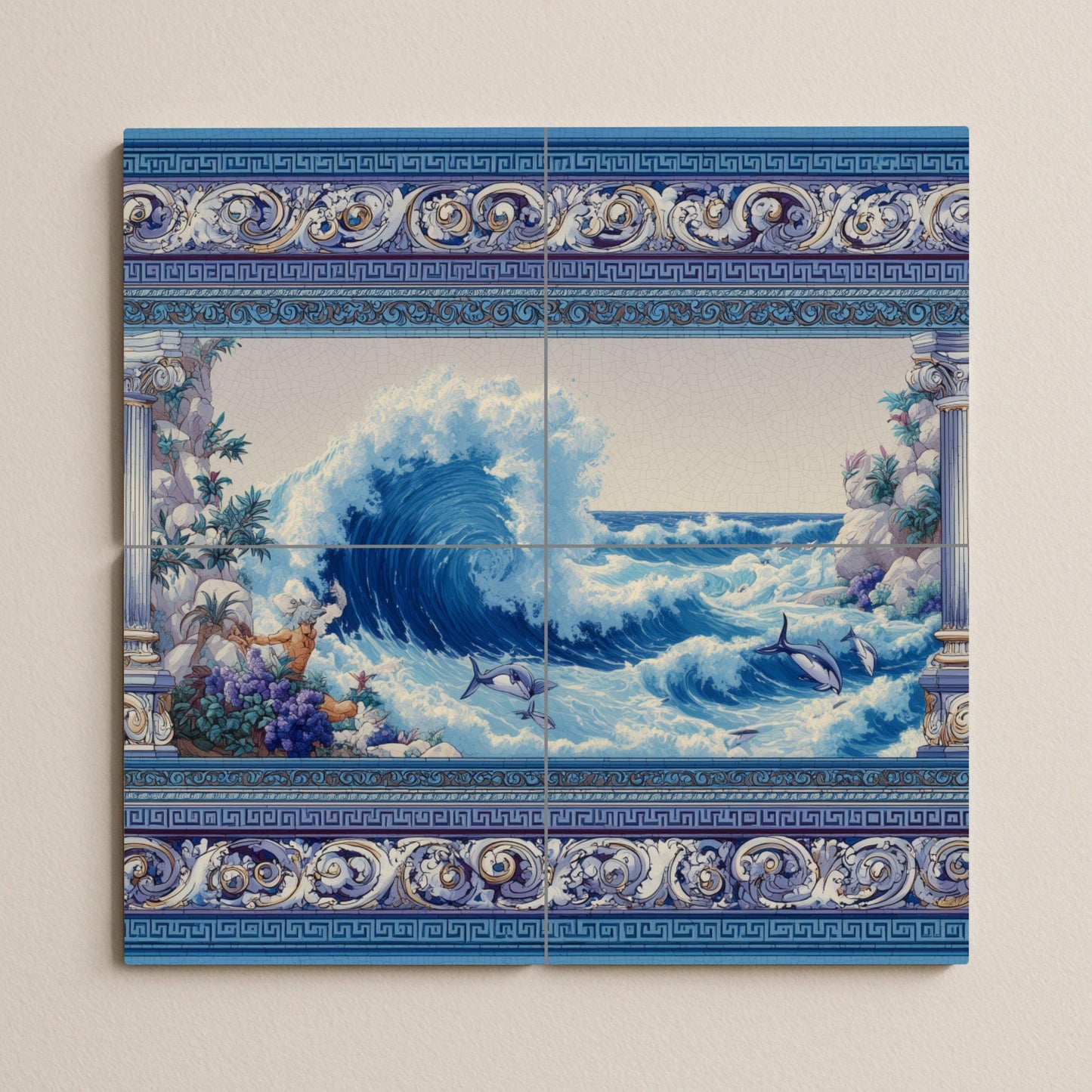 Tile mural with ocean waves / Nautical art with dolphins / Mediterranean decor / Handmade ceramic accent / Greco-Mediterranean style