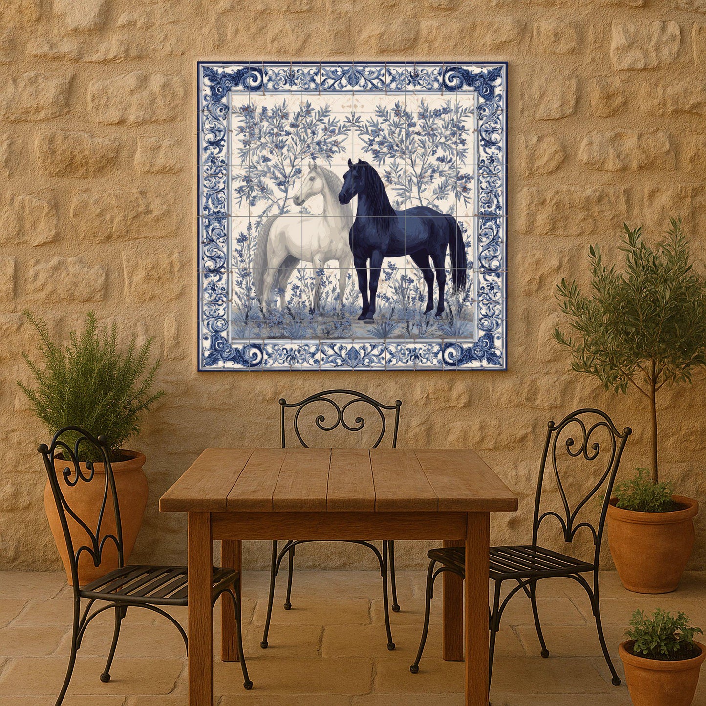 Equestrian tile mural / Black and white horses with floral motifs / Mediterranean wall art / Handmade ceramics / Elegant decor