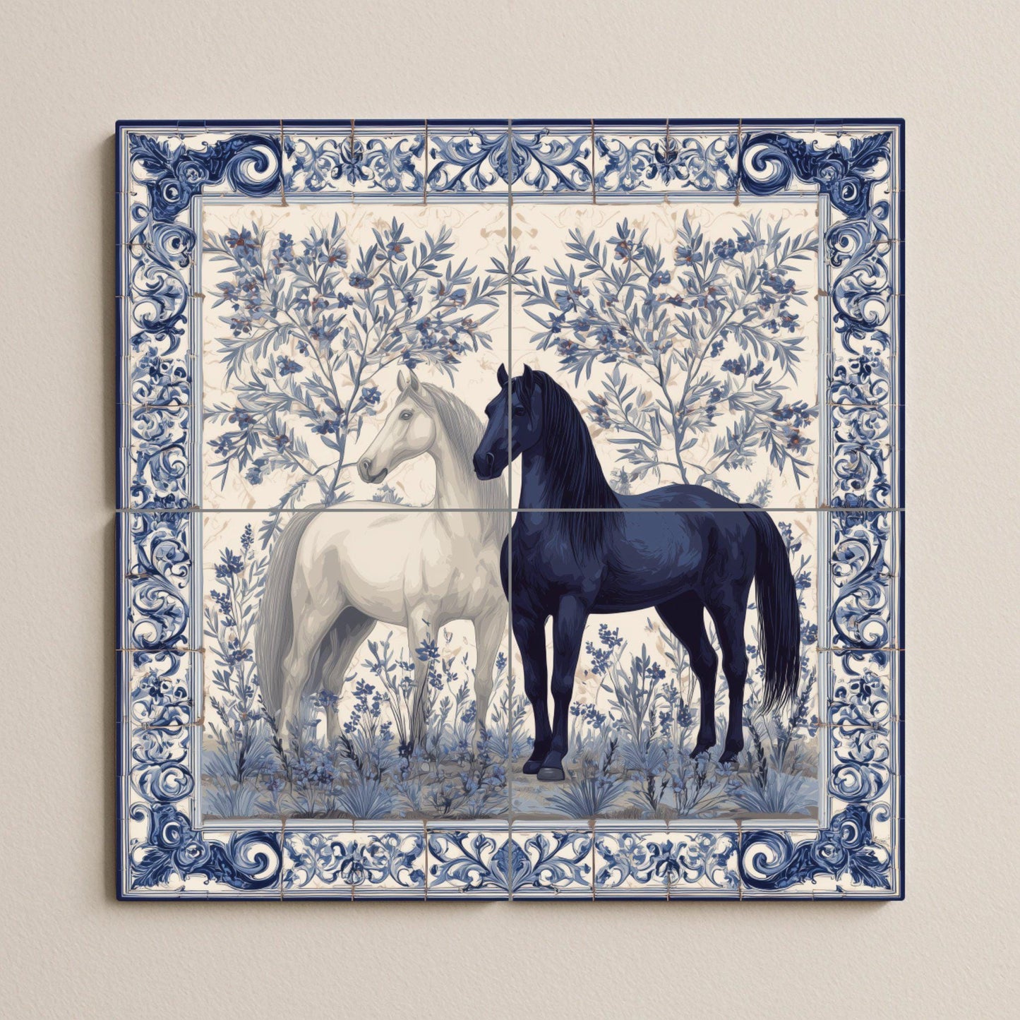 Equestrian tile mural / Black and white horses with floral motifs / Mediterranean wall art / Handmade ceramics / Elegant decor