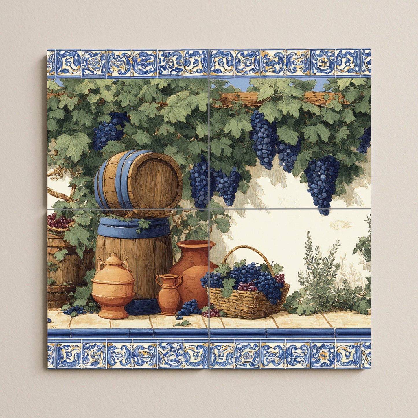 Vineyard tile mural / Mediterranean wall art / Vine and barrel scene / Handmade ceramic decor / Rustic Mediterranean accent