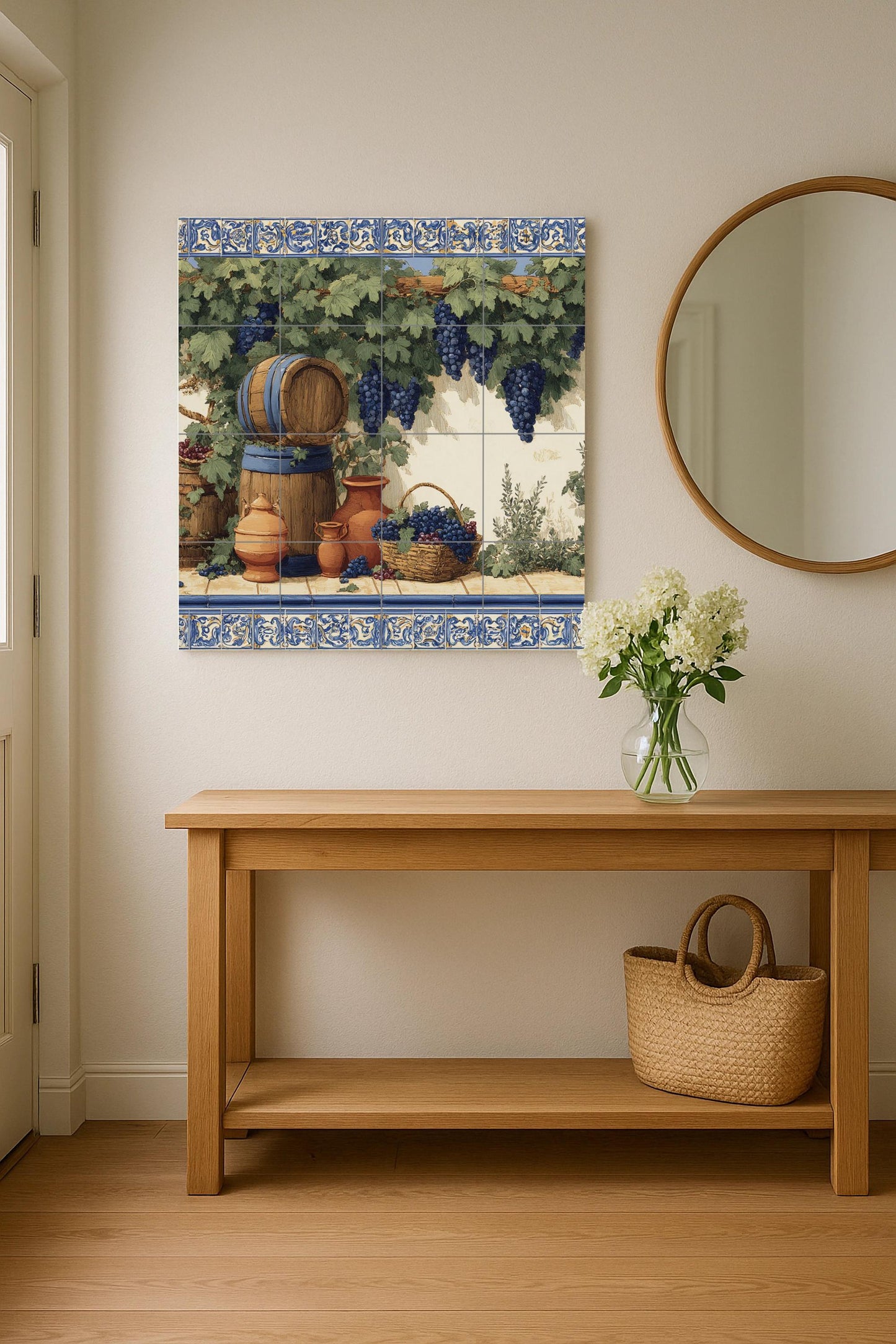 Vineyard tile mural / Mediterranean wall art / Vine and barrel scene / Handmade ceramic decor / Rustic Mediterranean accent