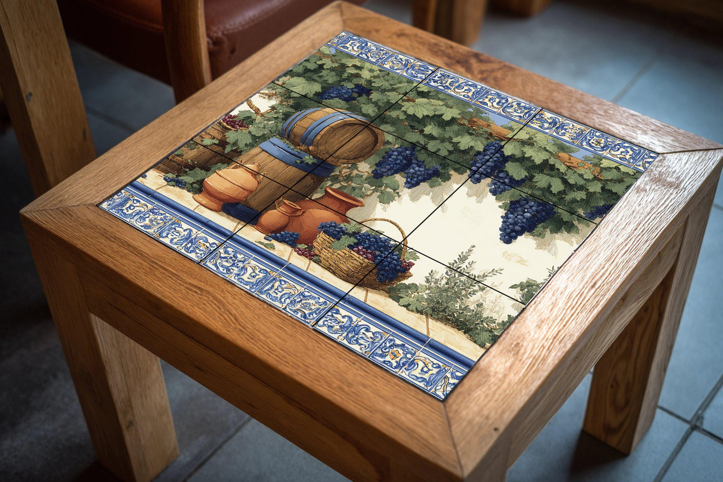 Vineyard tile mural / Mediterranean wall art / Vine and barrel scene / Handmade ceramic decor / Rustic Mediterranean accent
