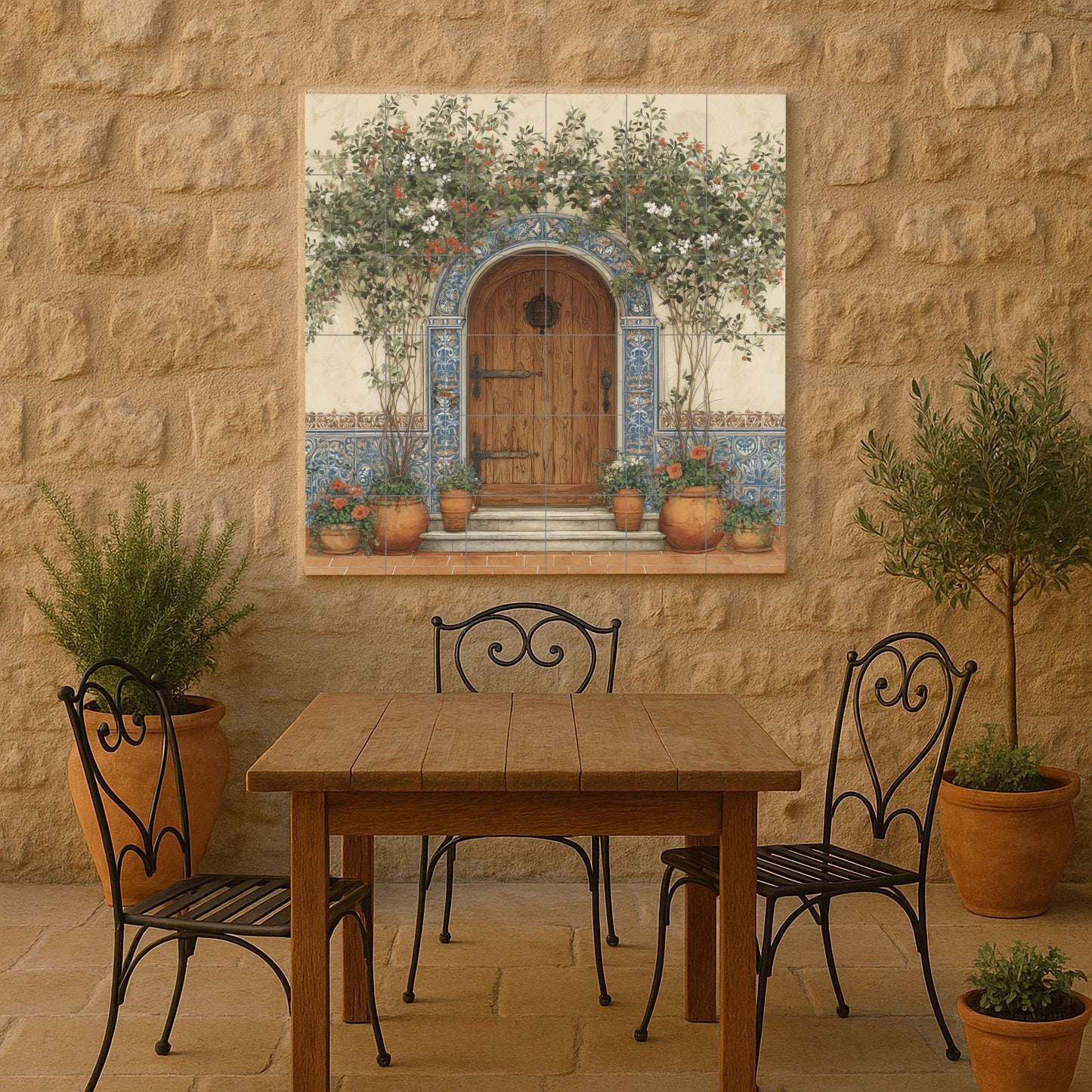 Spanish tile mural for door / Mediterranean wall art / Rustic entrance with tile scene / Handmade ceramic decor / Spanish patio decor
