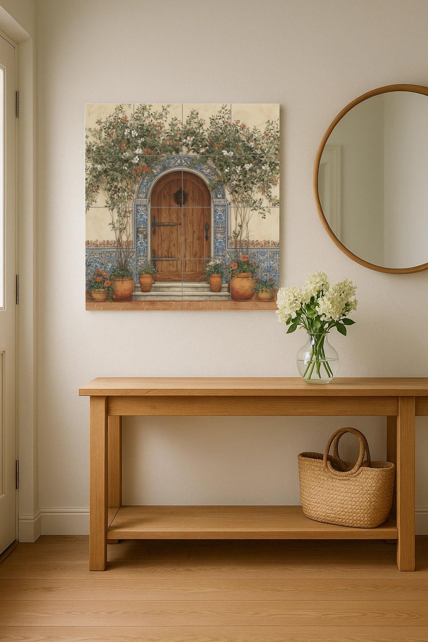 Spanish tile mural for door / Mediterranean wall art / Rustic entrance with tile scene / Handmade ceramic decor / Spanish patio decor