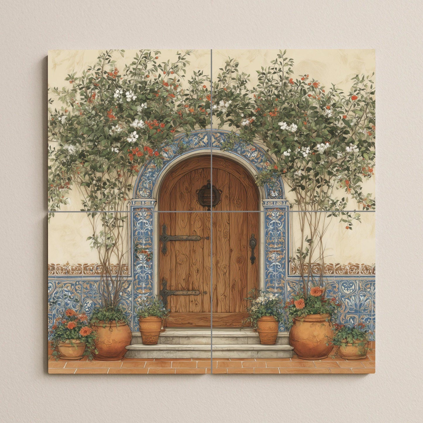 Spanish tile mural for door / Mediterranean wall art / Rustic entrance with tile scene / Handmade ceramic decor / Spanish patio decor