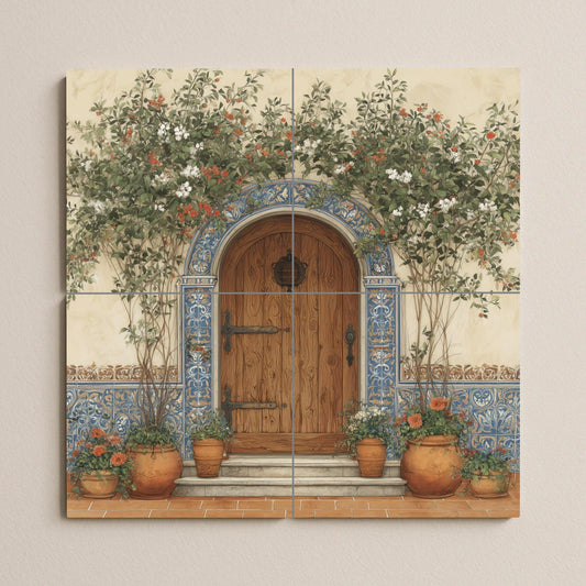 Spanish tile mural for door / Mediterranean wall art / Rustic entrance with tile scene / Handmade ceramic decor / Spanish patio decor