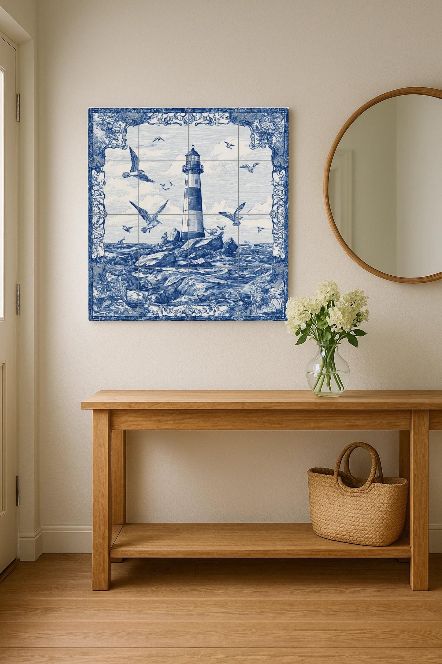 Lighthouse tile mural / Nautical wall art / Ocean wave maritime decor / Handmade ceramic accent / Coastal home decor
