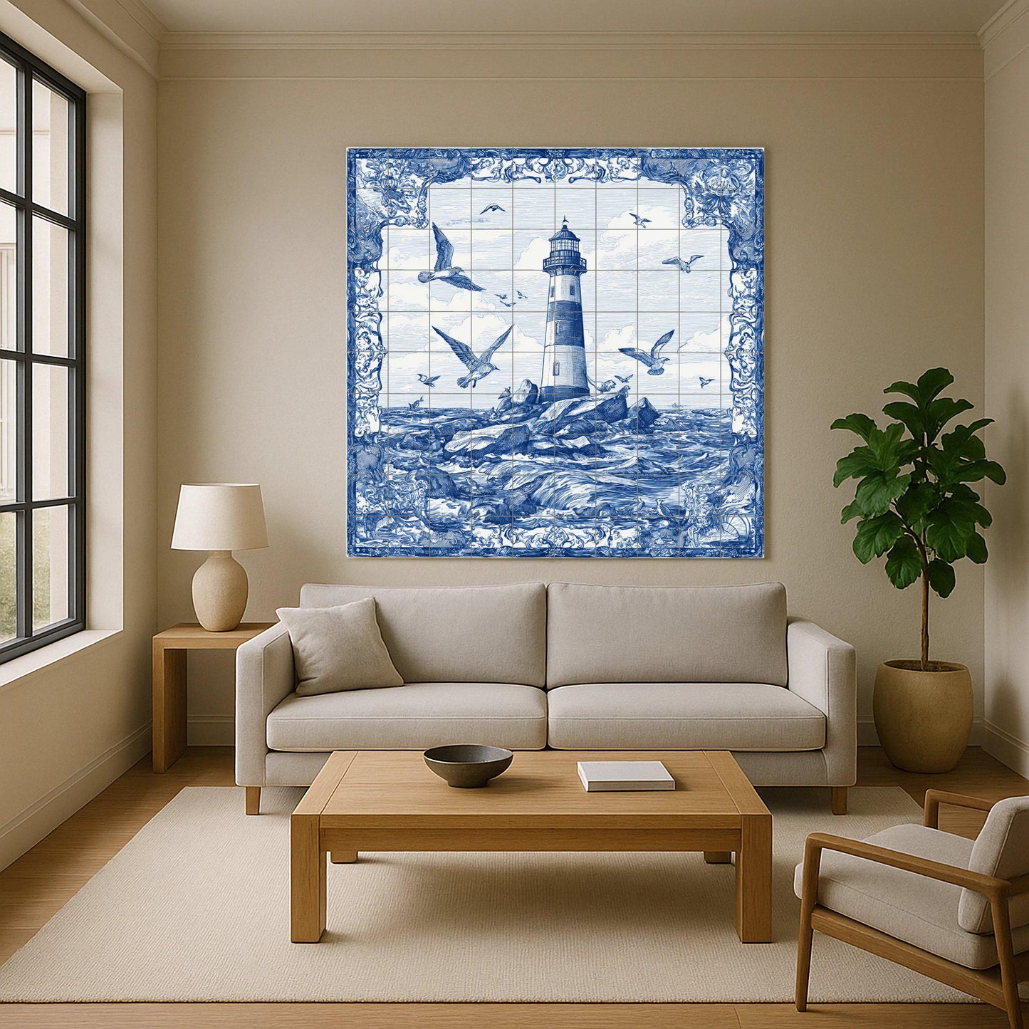 Lighthouse tile mural / Nautical wall art / Ocean wave maritime decor / Handmade ceramic accent / Coastal home decor