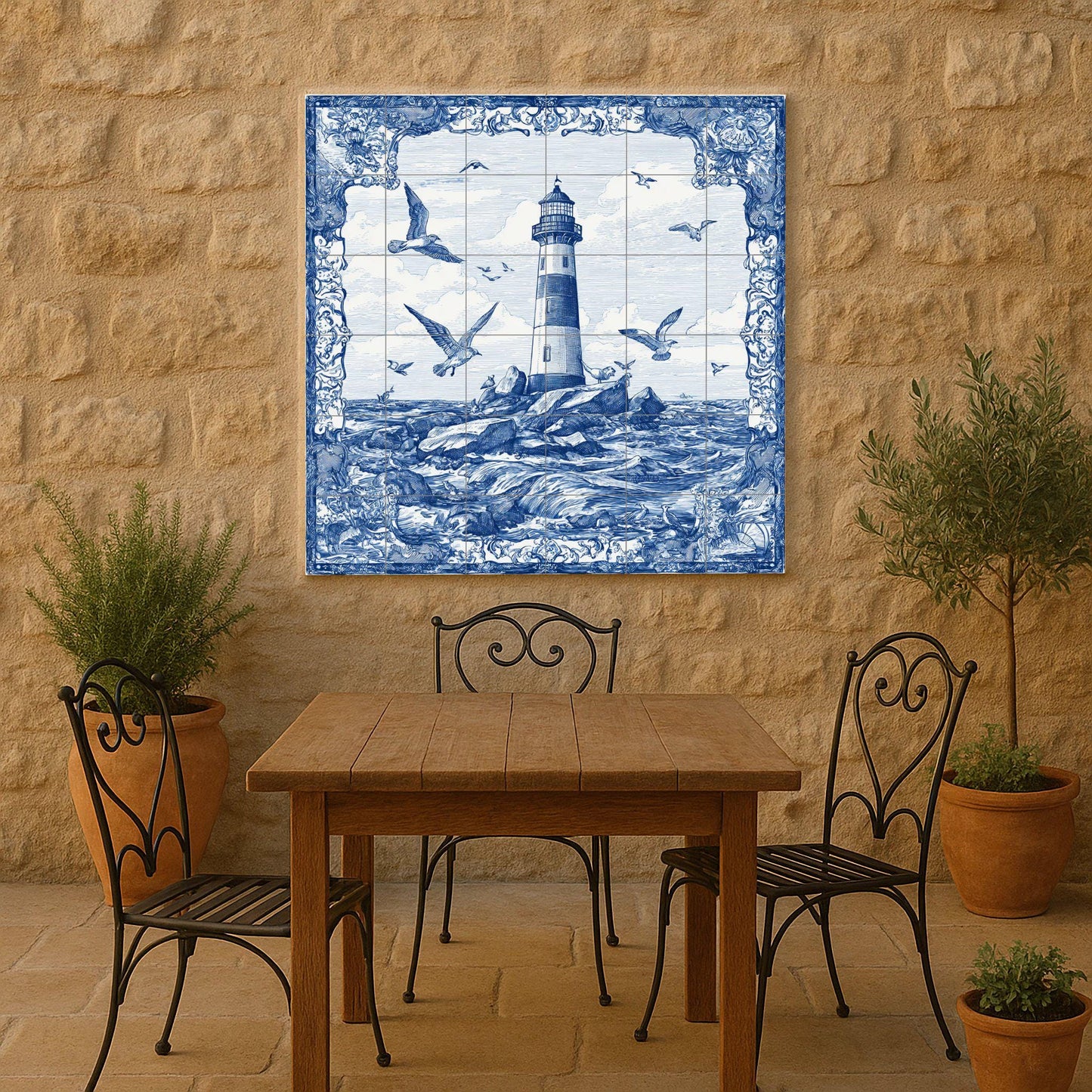 Lighthouse tile mural / Nautical wall art / Ocean wave maritime decor / Handmade ceramic accent / Coastal home decor