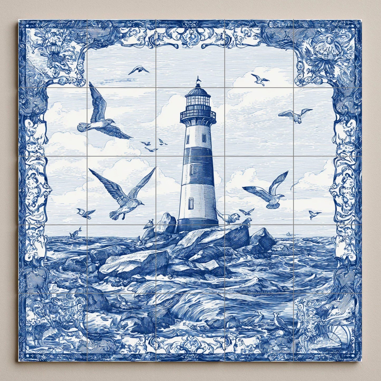 Lighthouse tile mural / Nautical wall art / Ocean wave maritime decor / Handmade ceramic accent / Coastal home decor