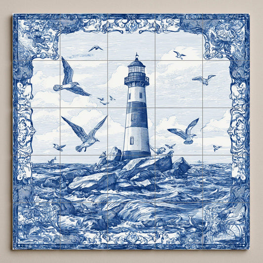 Lighthouse tile mural / Nautical wall art / Ocean wave maritime decor / Handmade ceramic accent / Coastal home decor