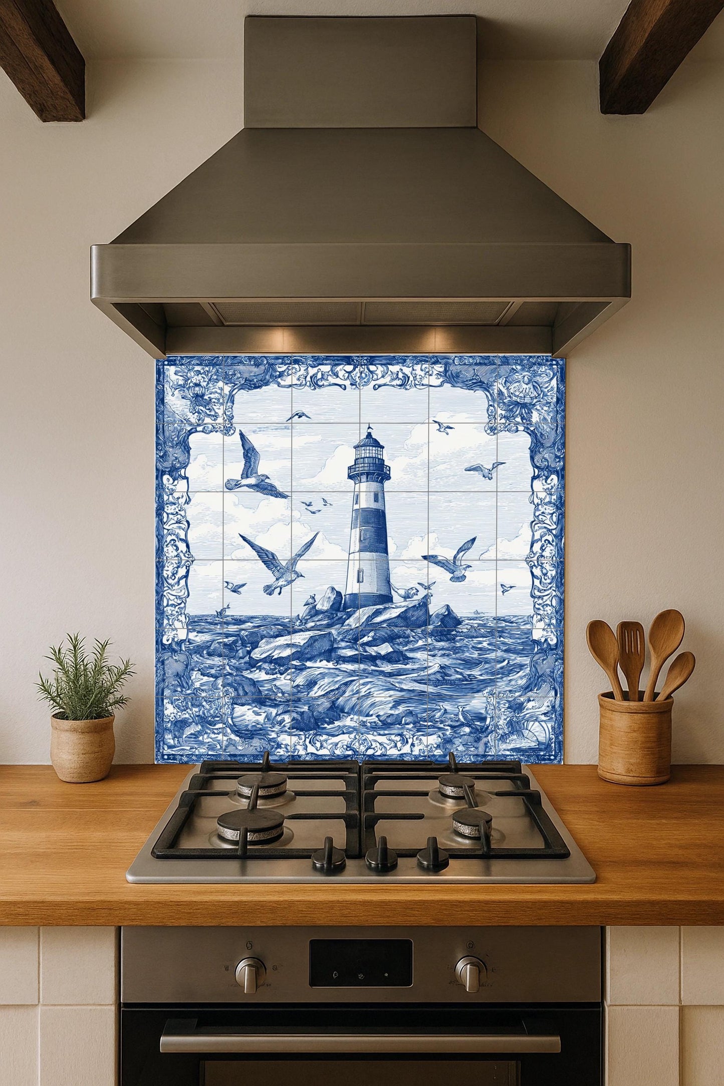 Lighthouse tile mural / Nautical wall art / Ocean wave maritime decor / Handmade ceramic accent / Coastal home decor