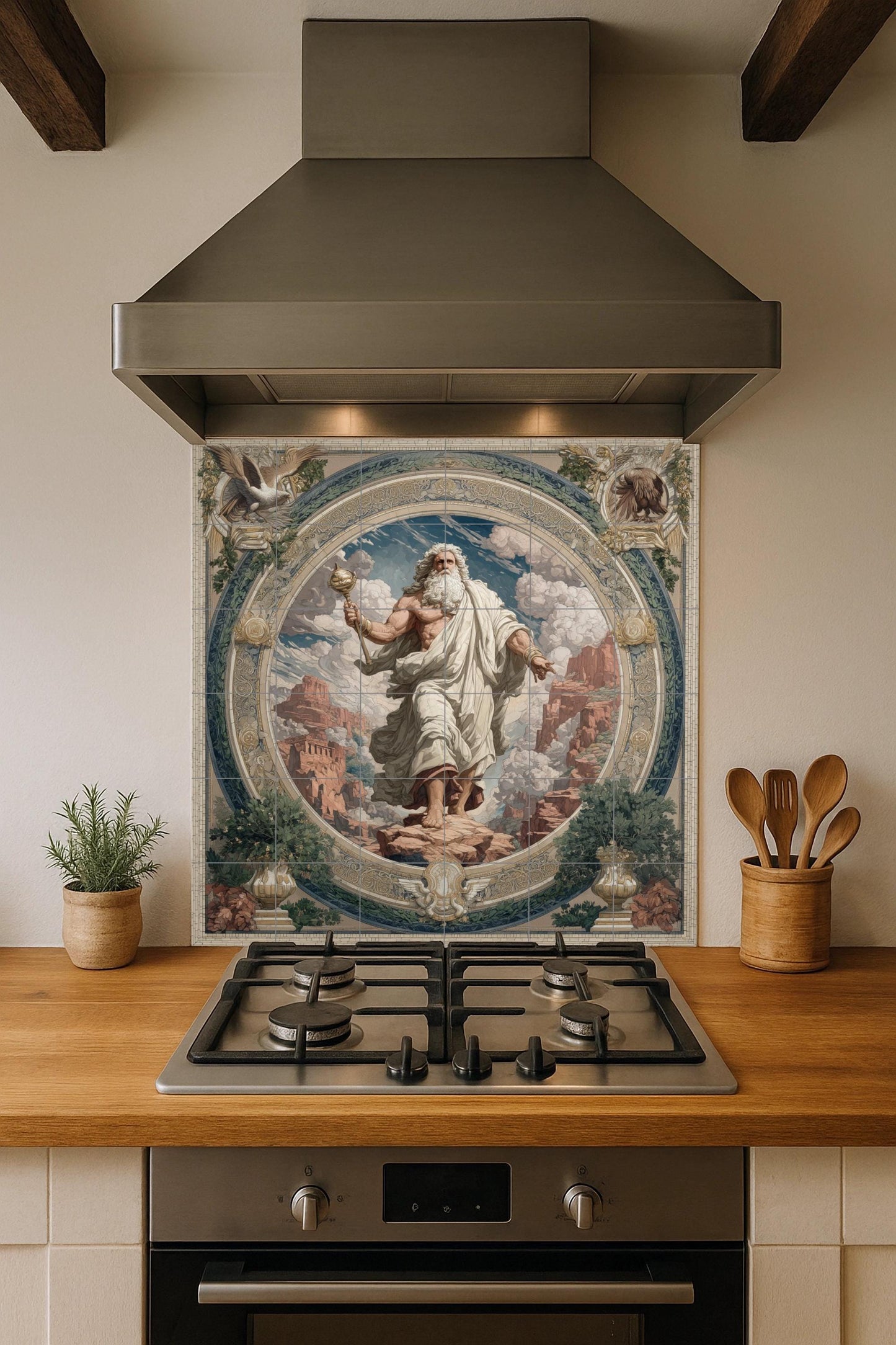 Zeus tile mural / Greek mythology wall art / Lightning and Olympus scene / Mediterranean artisan decor / Classical Greek accents