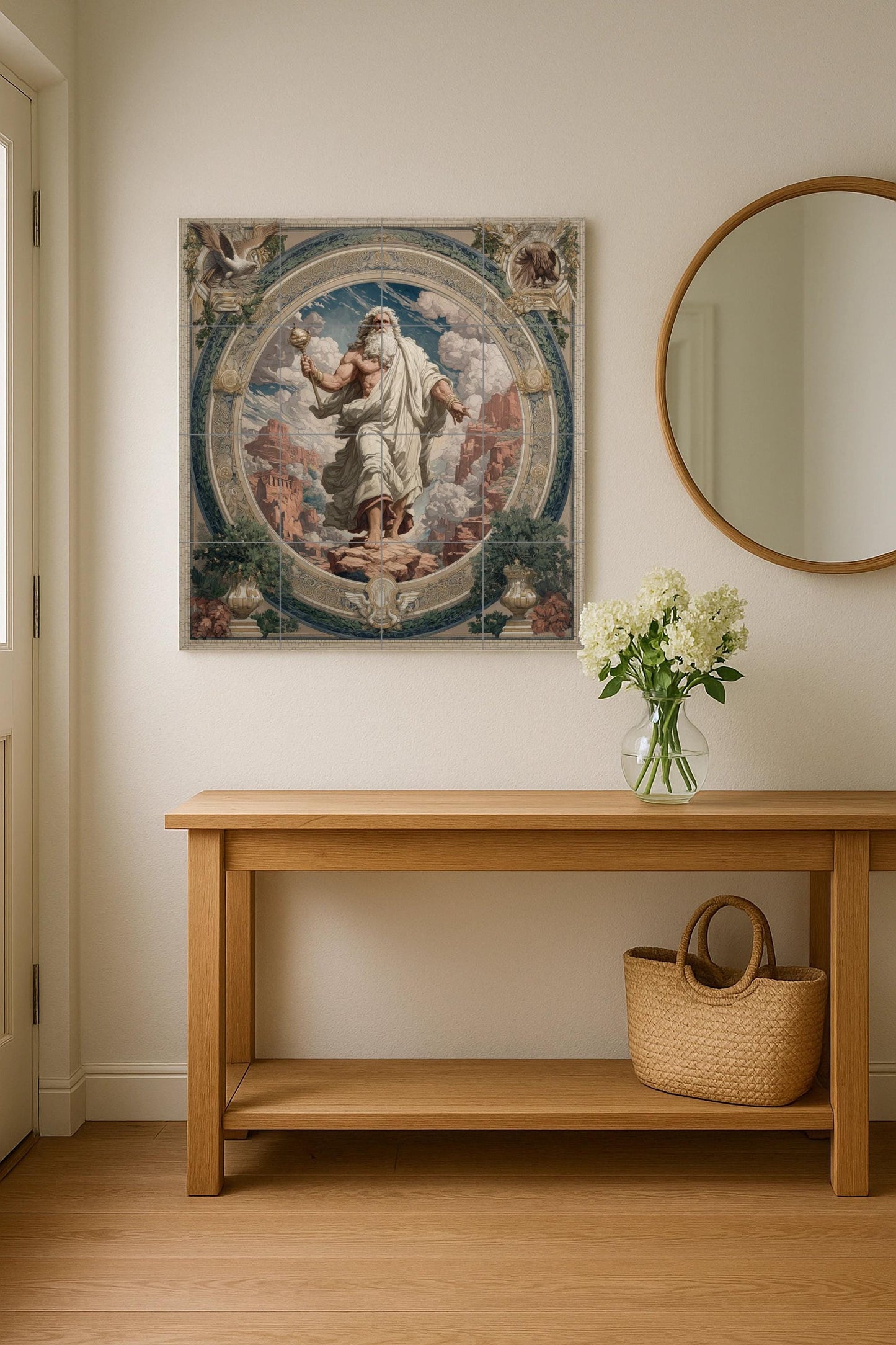 Zeus tile mural / Greek mythology wall art / Lightning and Olympus scene / Mediterranean artisan decor / Classical Greek accents