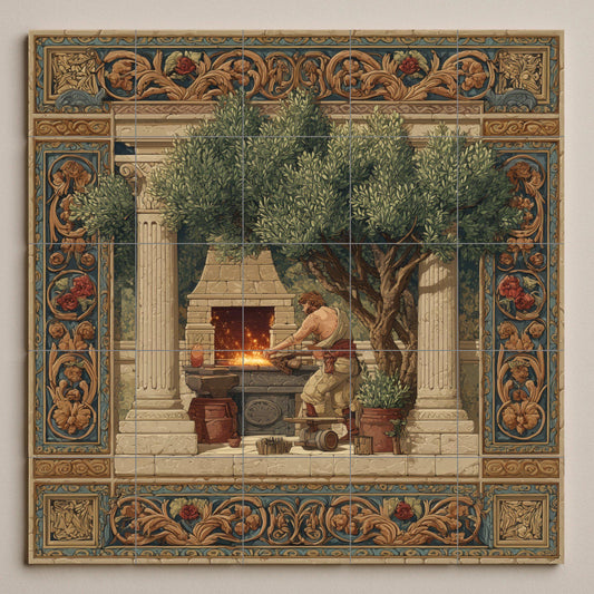 Hephaestus tile mural / Greek mythology wall art / Forging and craftsmanship scene / Mediterranean ceramic decoration / Greek artisan accent