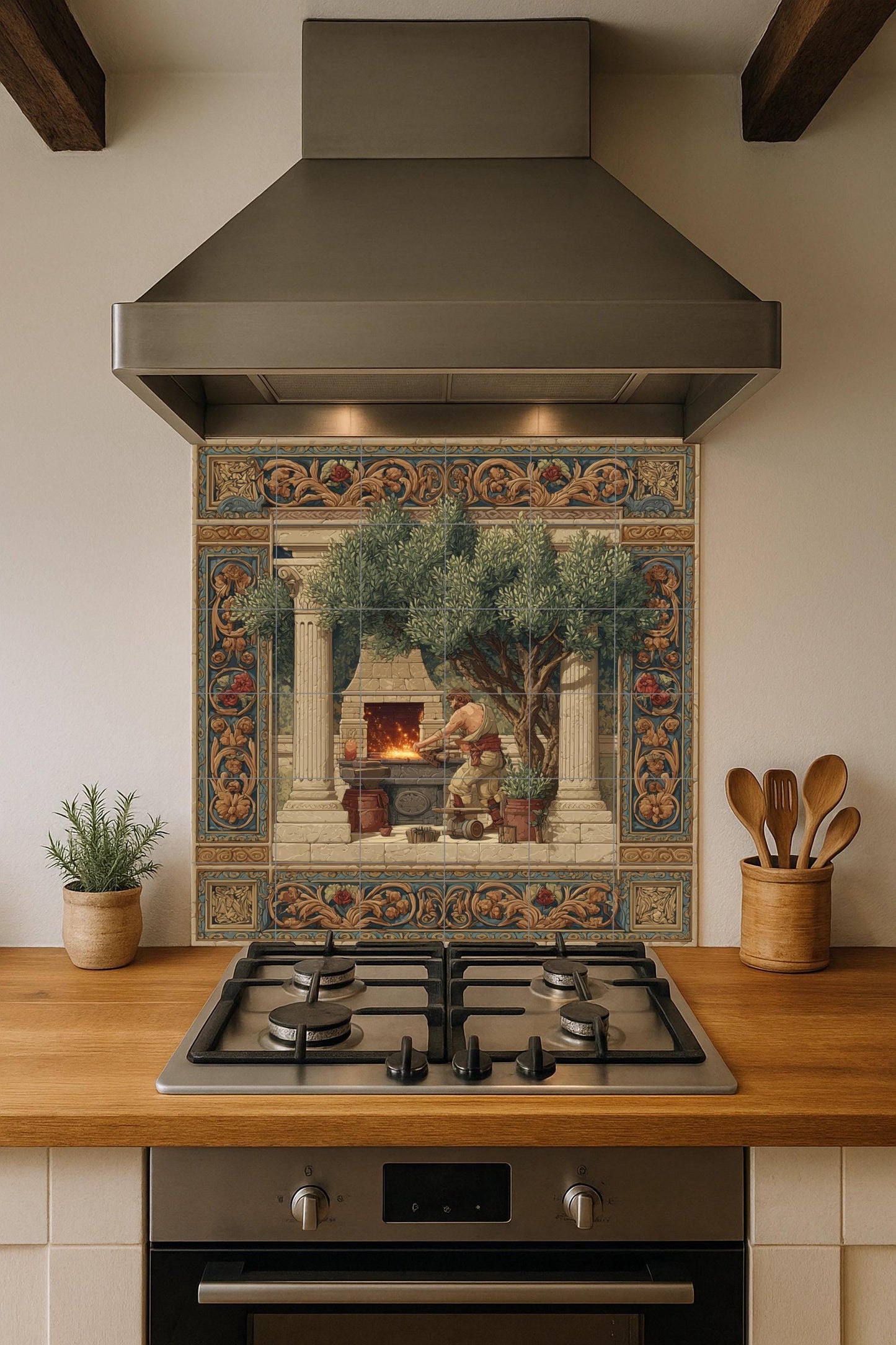 Hephaestus tile mural / Greek mythology wall art / Forging and craftsmanship scene / Mediterranean ceramic decoration / Greek artisan accent