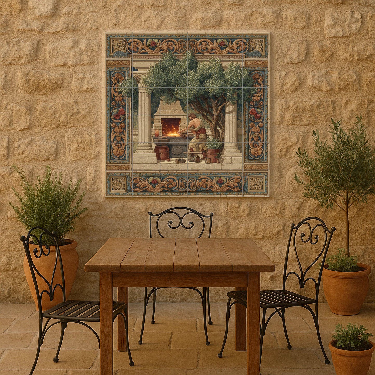 Hephaestus tile mural / Greek mythology wall art / Forging and craftsmanship scene / Mediterranean ceramic decoration / Greek artisan accent