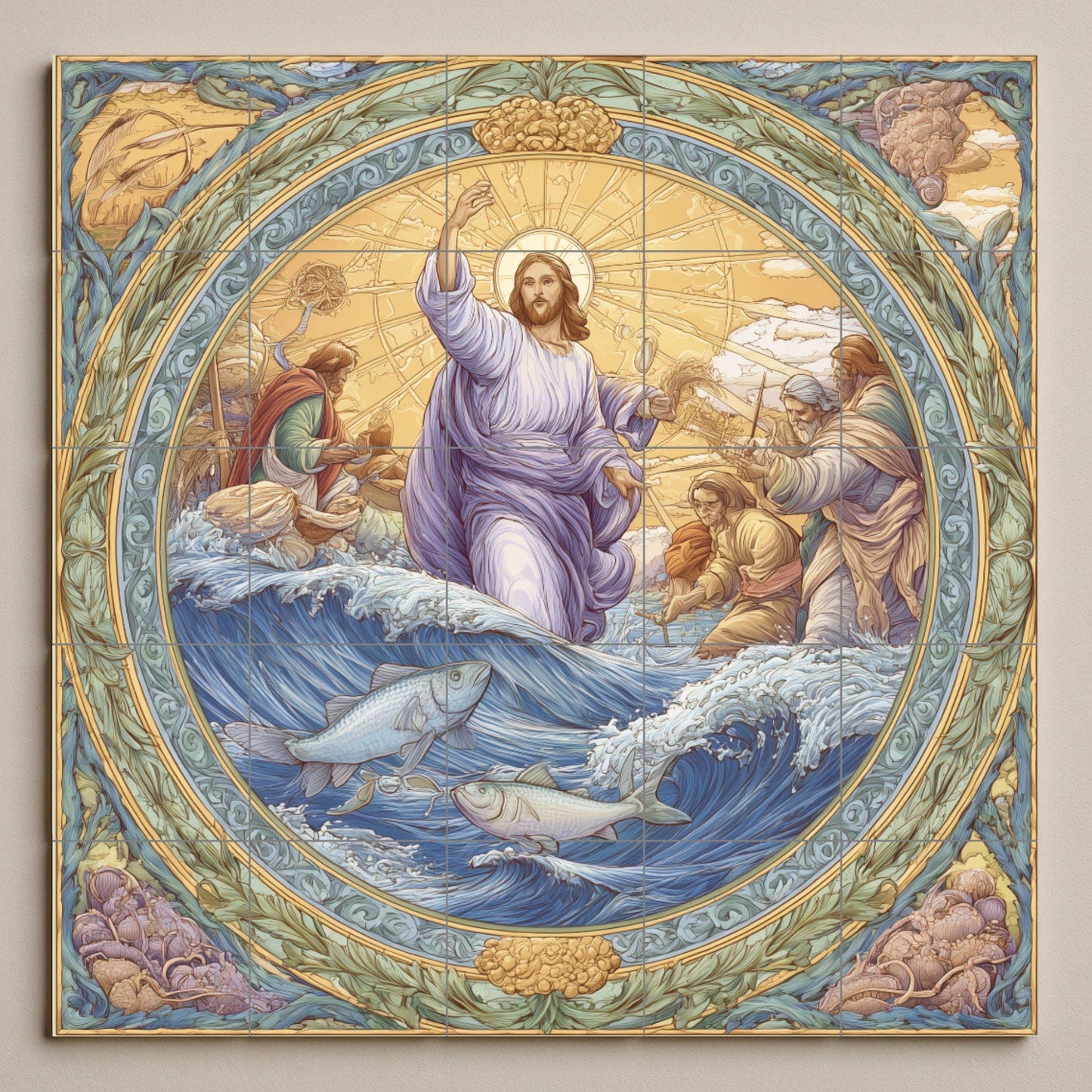 Tile mural "The Miracle of the Fish" / Biblical mural art / Scene of Christ and the fishermen / Mediterranean ceramic decoration / Handcrafted faith accent
