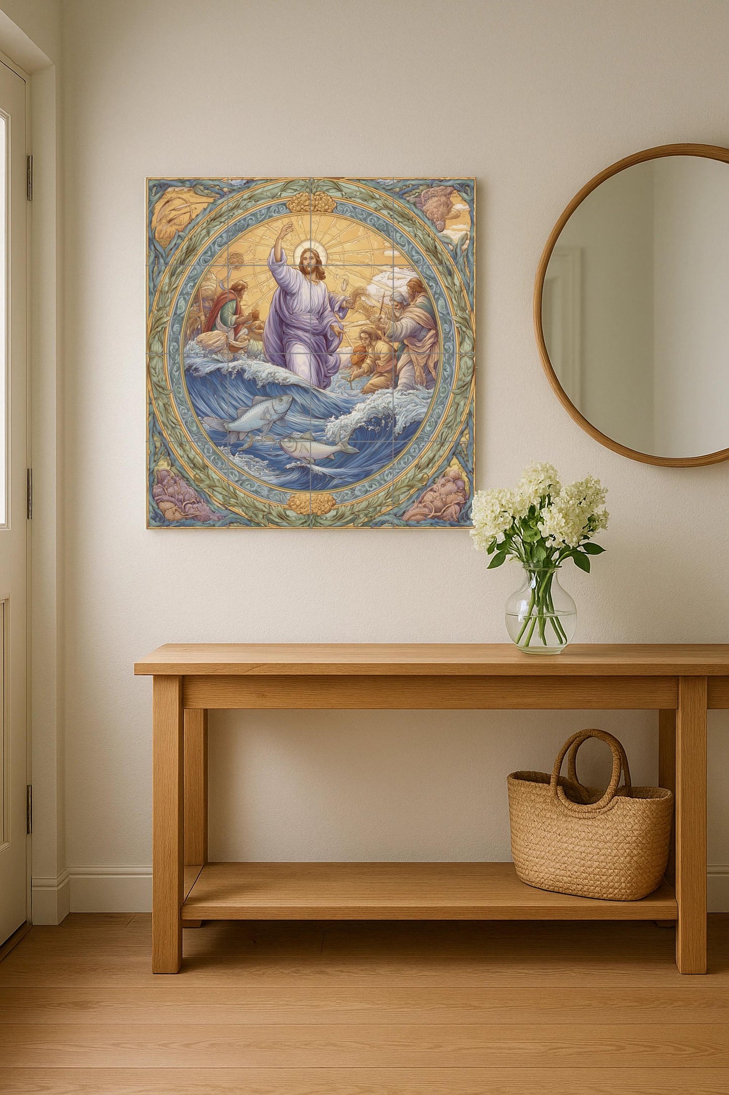 Tile mural "The Miracle of the Fish" / Biblical mural art / Scene of Christ and the fishermen / Mediterranean ceramic decoration / Handcrafted faith accent