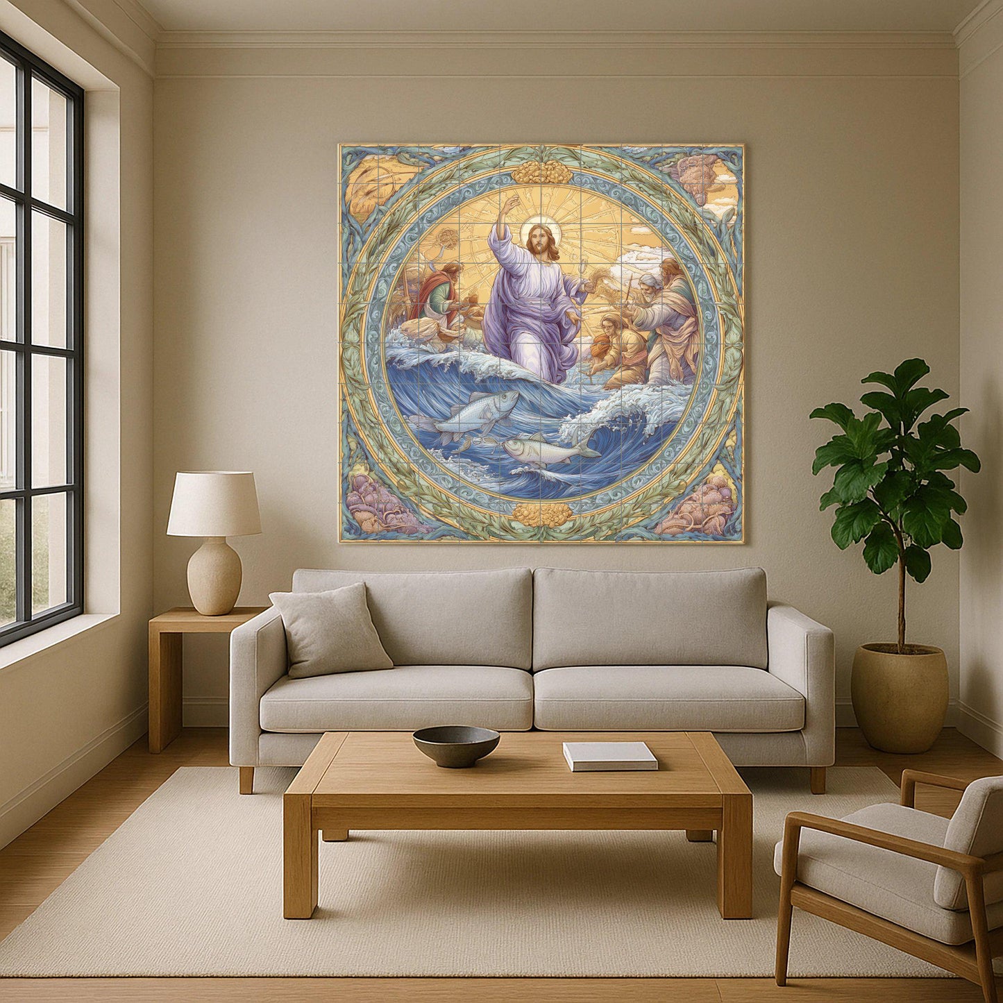 Tile mural "The Miracle of the Fish" / Biblical mural art / Scene of Christ and the fishermen / Mediterranean ceramic decoration / Handcrafted faith accent