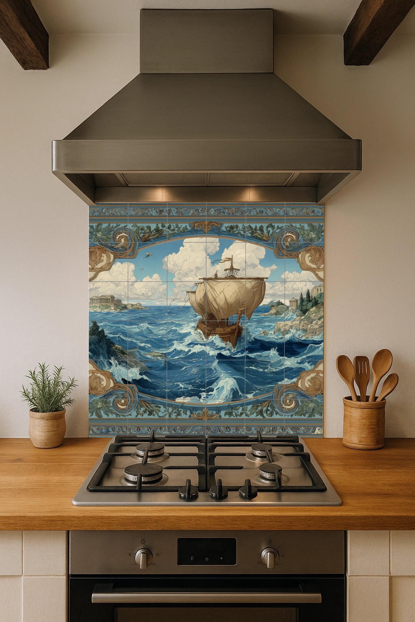 Odyssey tile mural / Greek ship and stormy seas / Nautical wall art / Mediterranean decor / Handcrafted ceramic accent / Mythological scene
