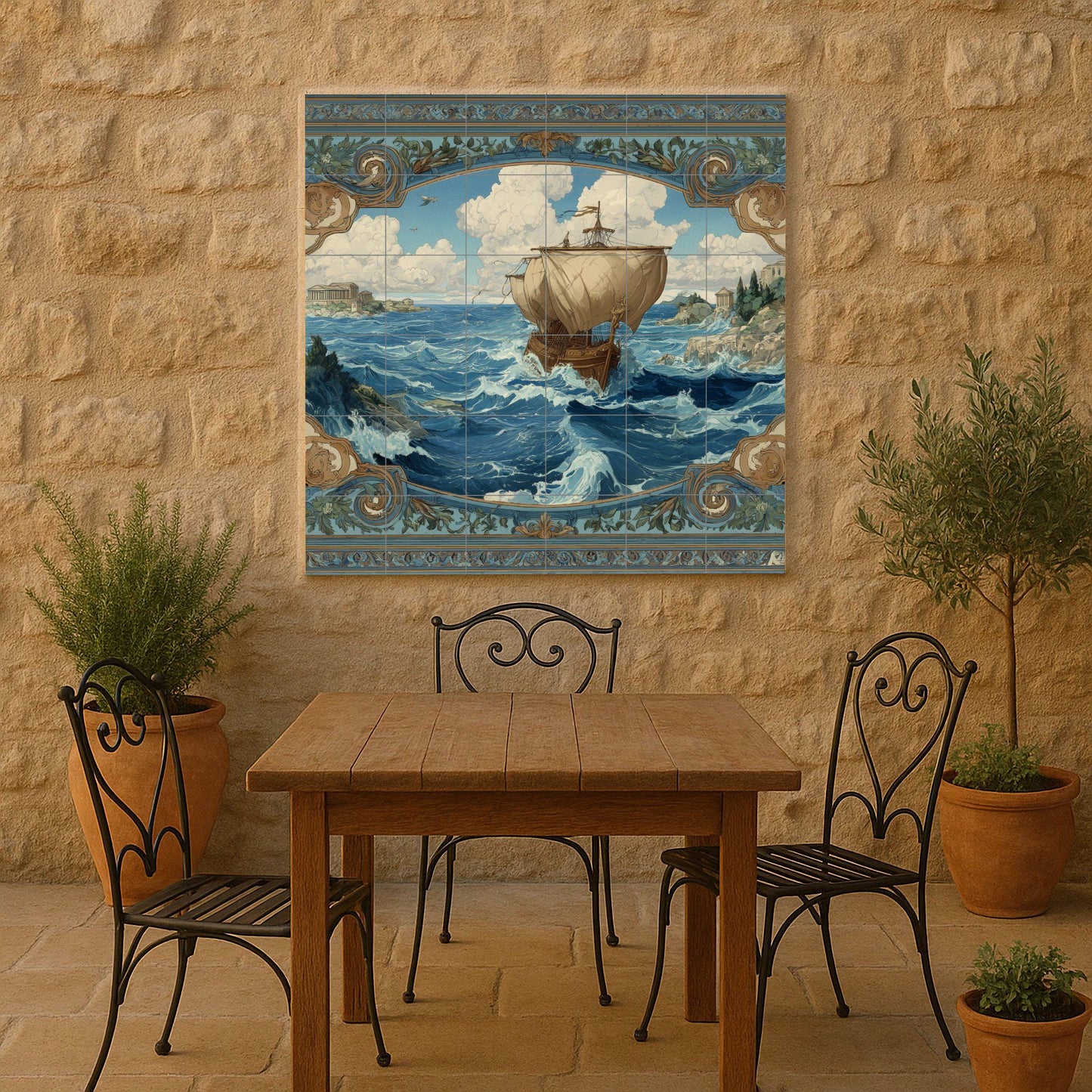 Odyssey tile mural / Greek ship and stormy seas / Nautical wall art / Mediterranean decor / Handcrafted ceramic accent / Mythological scene