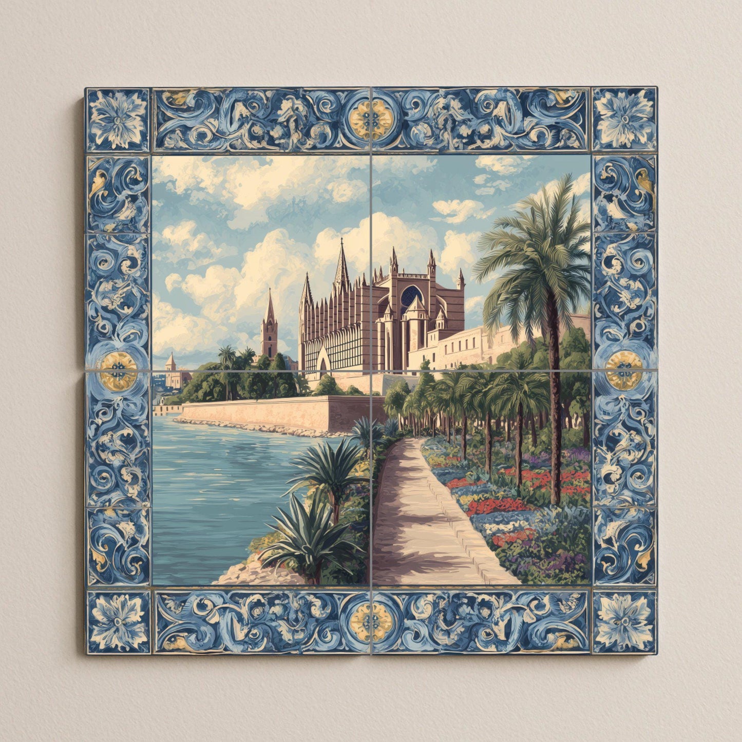 Tile mural of Palma Cathedral / Mediterranean mural art / Emblematic Spanish decoration / Gothic architectural scene / Handcrafted ceramic accent