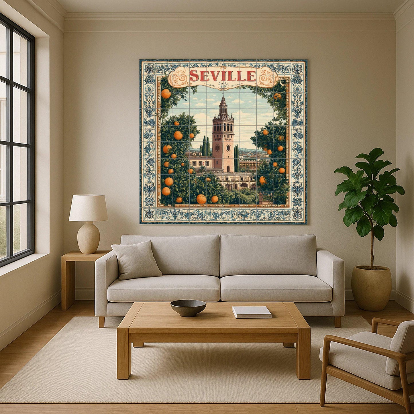 Seville tile mural / Giralda and orange trees / Spanish mural art / Mediterranean ceramic decoration / Handcrafted Spanish accent