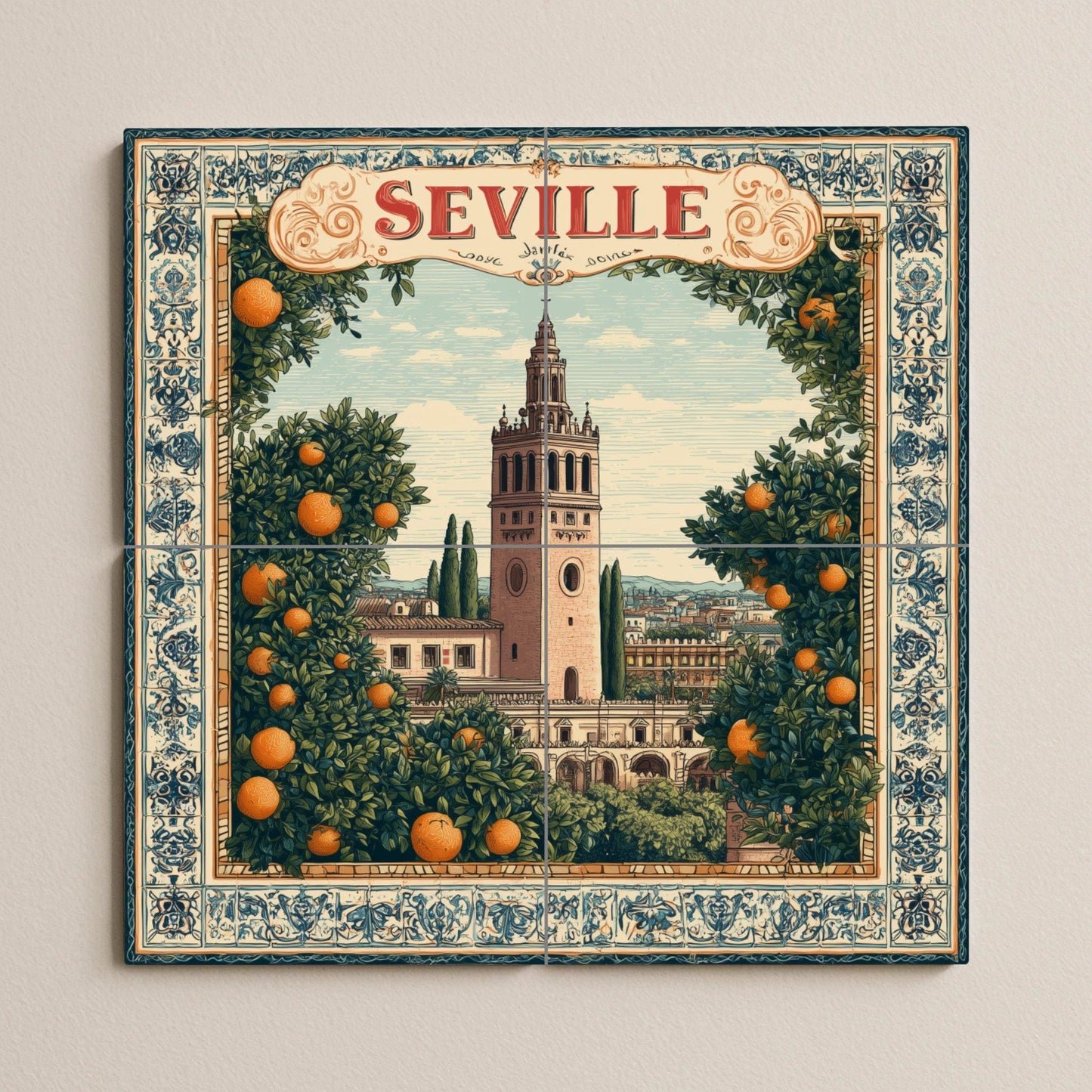 Seville tile mural / Giralda and orange trees / Spanish mural art / Mediterranean ceramic decoration / Handcrafted Spanish accent