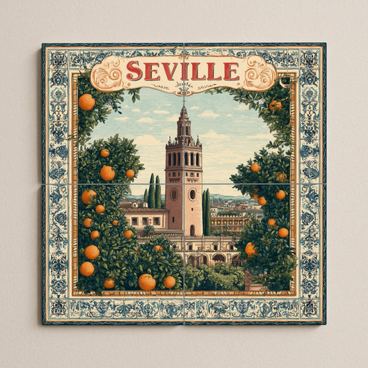 Seville tile mural / Giralda and orange trees / Spanish mural art / Mediterranean ceramic decoration / Handcrafted Spanish accent