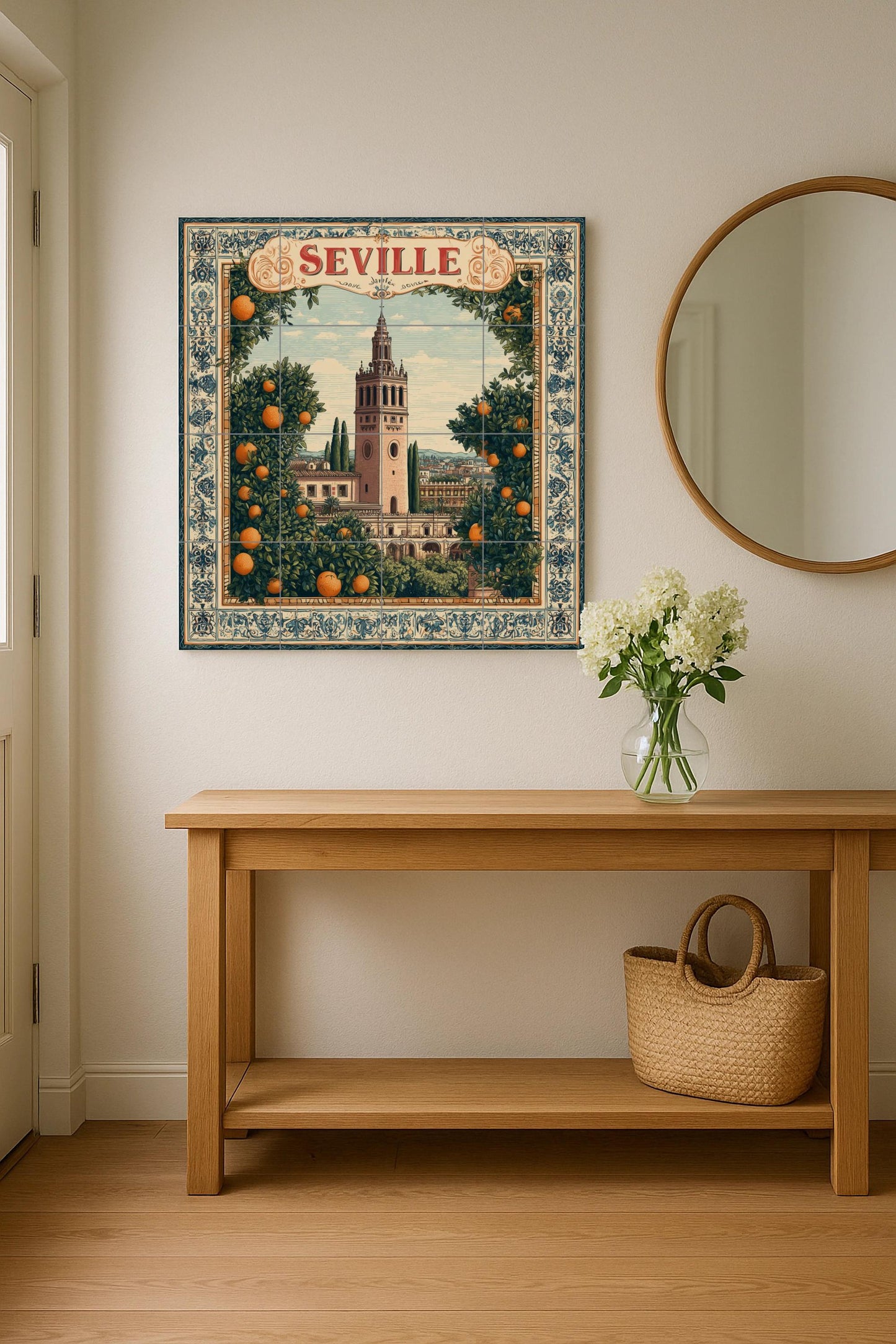 Seville tile mural / Giralda and orange trees / Spanish mural art / Mediterranean ceramic decoration / Handcrafted Spanish accent