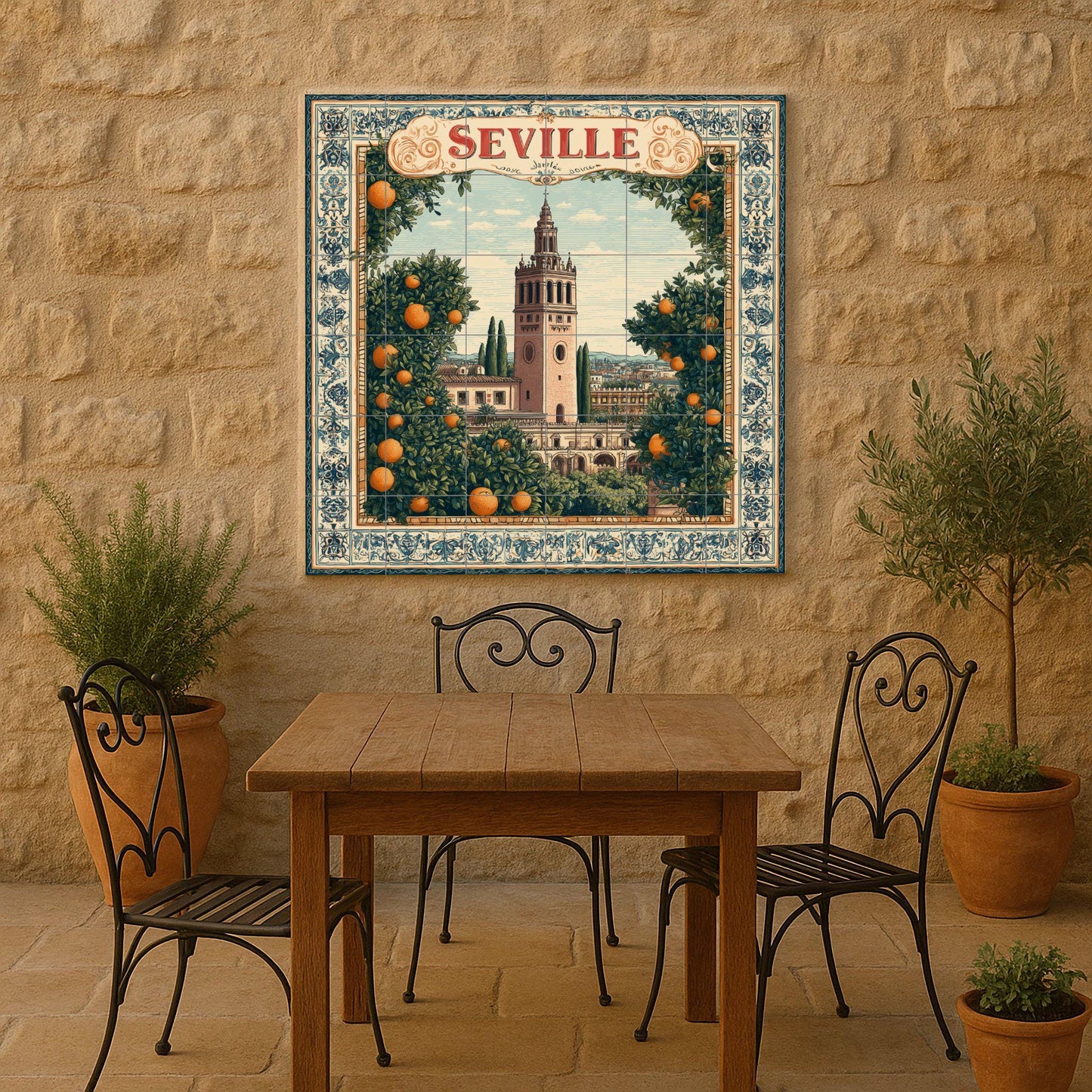 Seville tile mural / Giralda and orange trees / Spanish mural art / Mediterranean ceramic decoration / Handcrafted Spanish accent