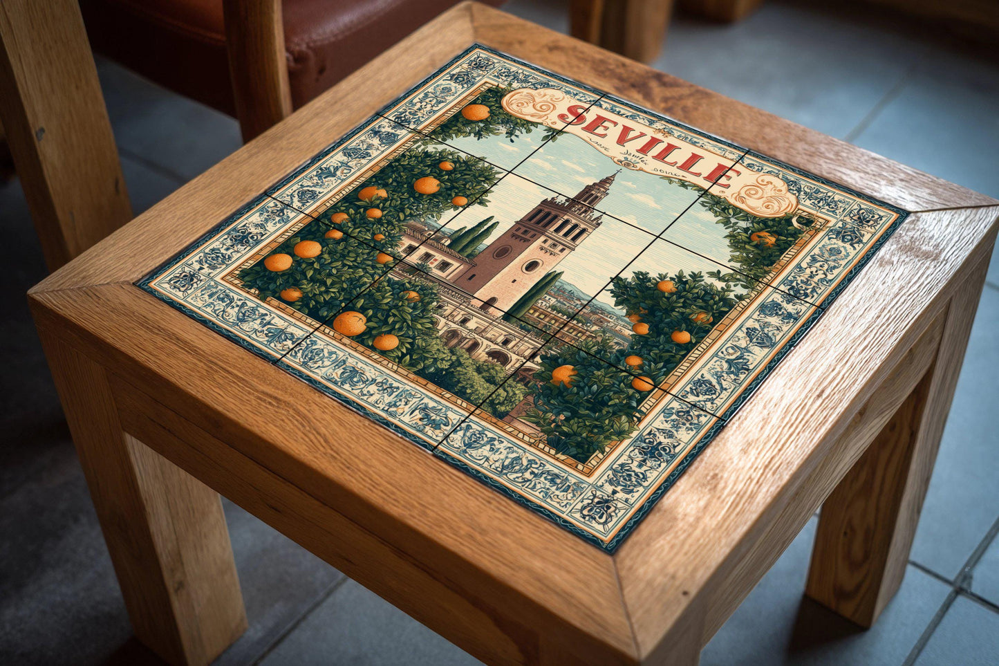 Seville tile mural / Giralda and orange trees / Spanish mural art / Mediterranean ceramic decoration / Handcrafted Spanish accent