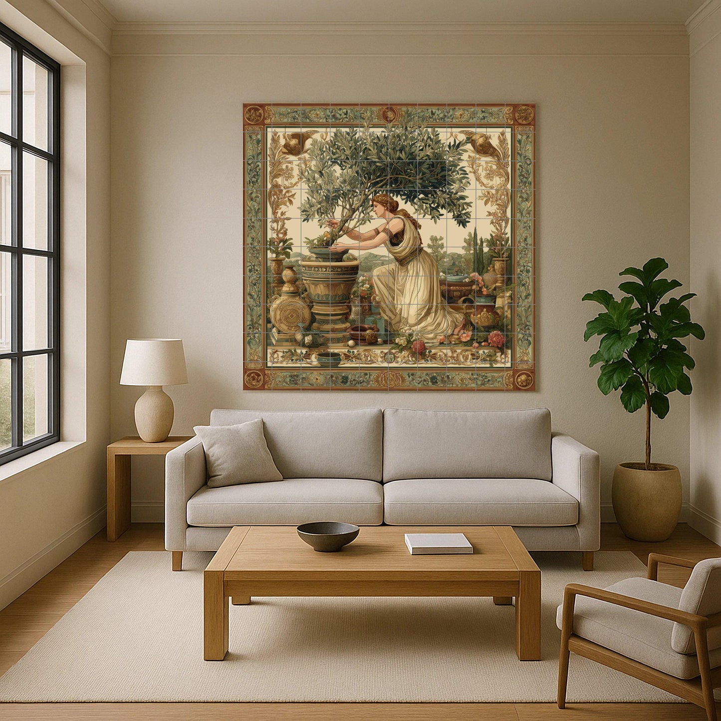 Roman goddess tile mural / Mediterranean mythology decor / Olive tree wall art / Classic ceramic accent / Handcrafted Roman tile