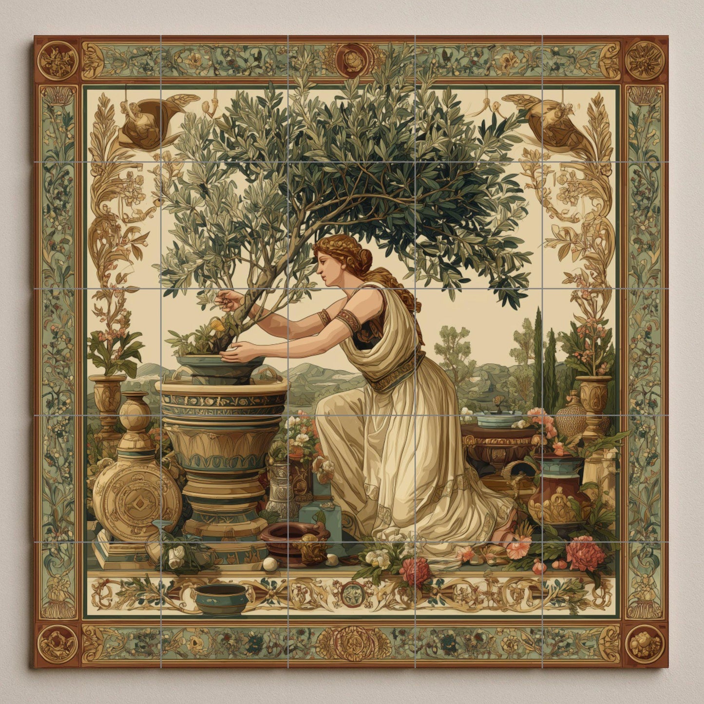 Roman goddess tile mural / Mediterranean mythology decor / Olive tree wall art / Classic ceramic accent / Handcrafted Roman tile