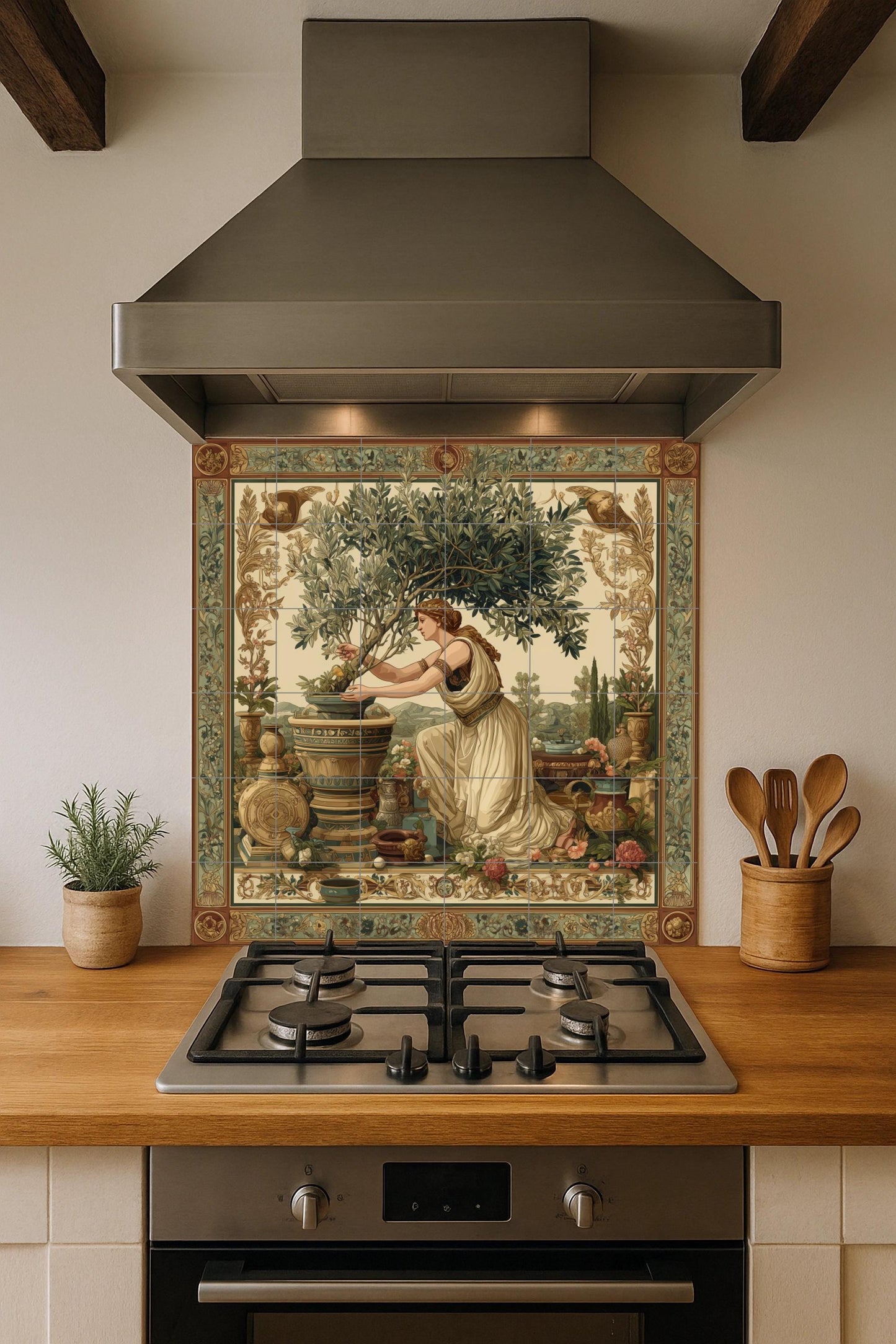 Roman goddess tile mural / Mediterranean mythology decor / Olive tree wall art / Classic ceramic accent / Handcrafted Roman tile