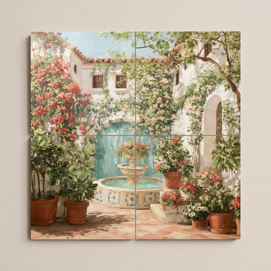 Spanish Patio Tile Mural / Mediterranean Patio Decor / Floral Wall Art / Fountain and Ivy Scene / Handcrafted Ceramic Accent