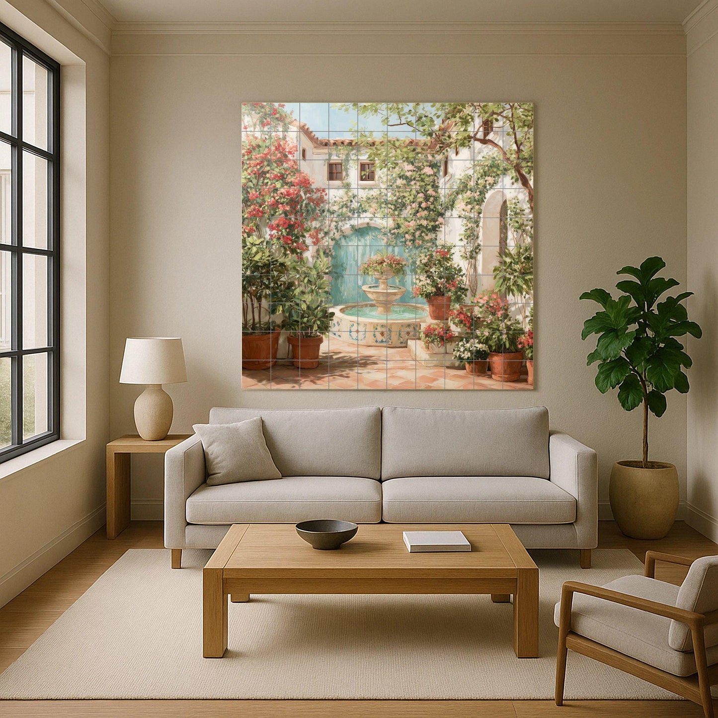 Spanish Patio Tile Mural / Mediterranean Patio Decor / Floral Wall Art / Fountain and Ivy Scene / Handcrafted Ceramic Accent