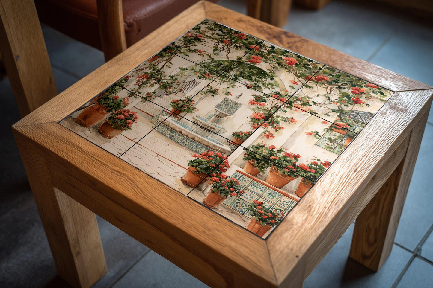 Andalusian patio tile mural / Mediterranean patio decor / Floral wall art / Terracotta scene and fountain / Ceramic tile details