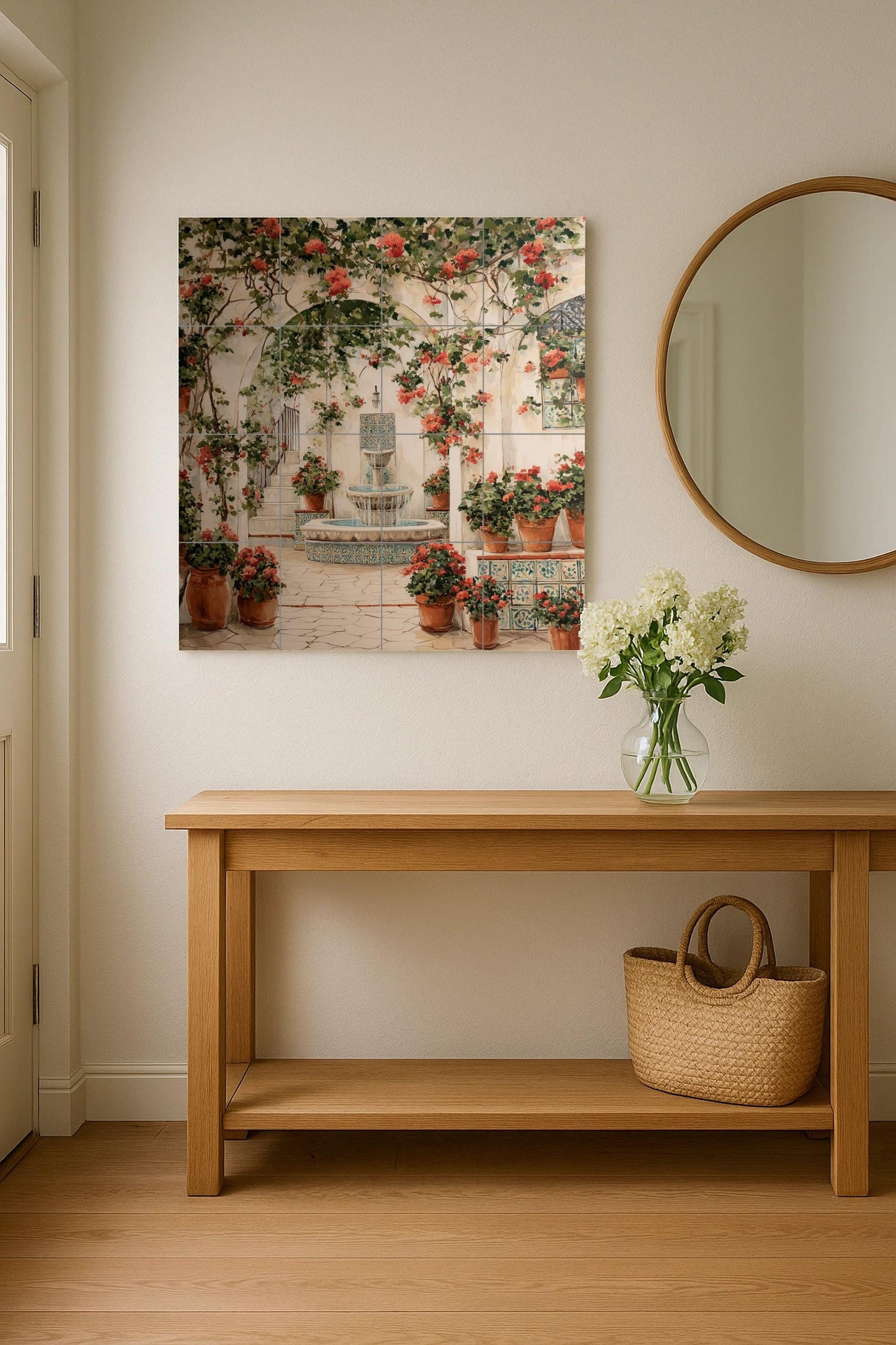 Andalusian patio tile mural / Mediterranean patio decor / Floral wall art / Terracotta scene and fountain / Ceramic tile details