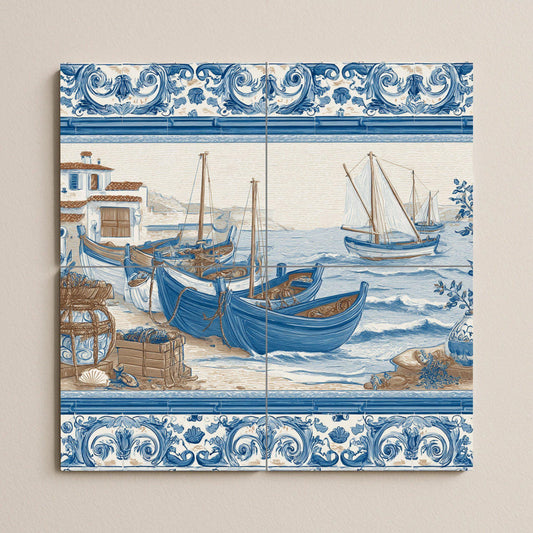 Tile mural with Mediterranean fishing boats / Coastal mural art / Blue ceramic tiles / Traditional coastal decor / Handmade nautical accent