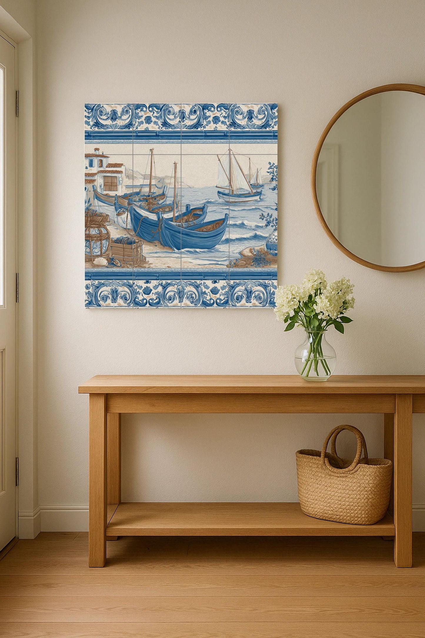 Tile mural with Mediterranean fishing boats / Coastal mural art / Blue ceramic tiles / Traditional coastal decor / Handmade nautical accent