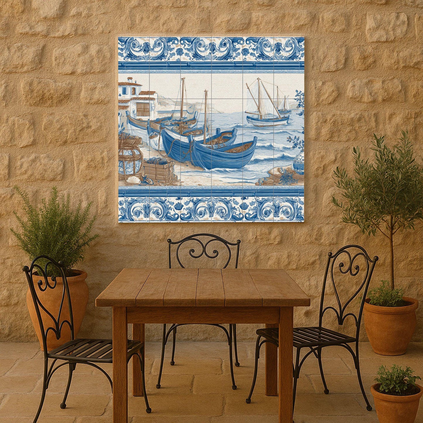 Tile mural with Mediterranean fishing boats / Coastal mural art / Blue ceramic tiles / Traditional coastal decor / Handmade nautical accent