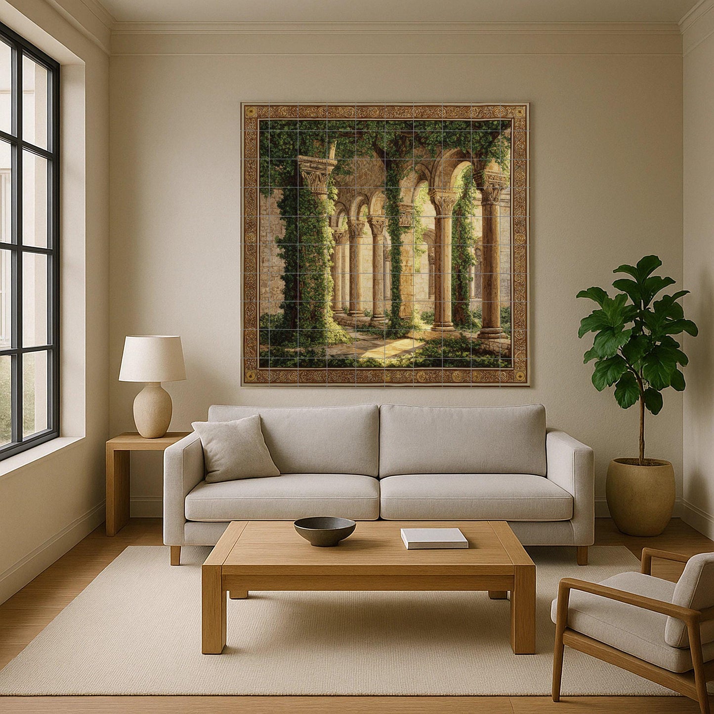 Medieval cloister tile mural / Gothic architectural wall art / Ivy-covered arch decoration / Handmade ceramic tiles / Vintage accent