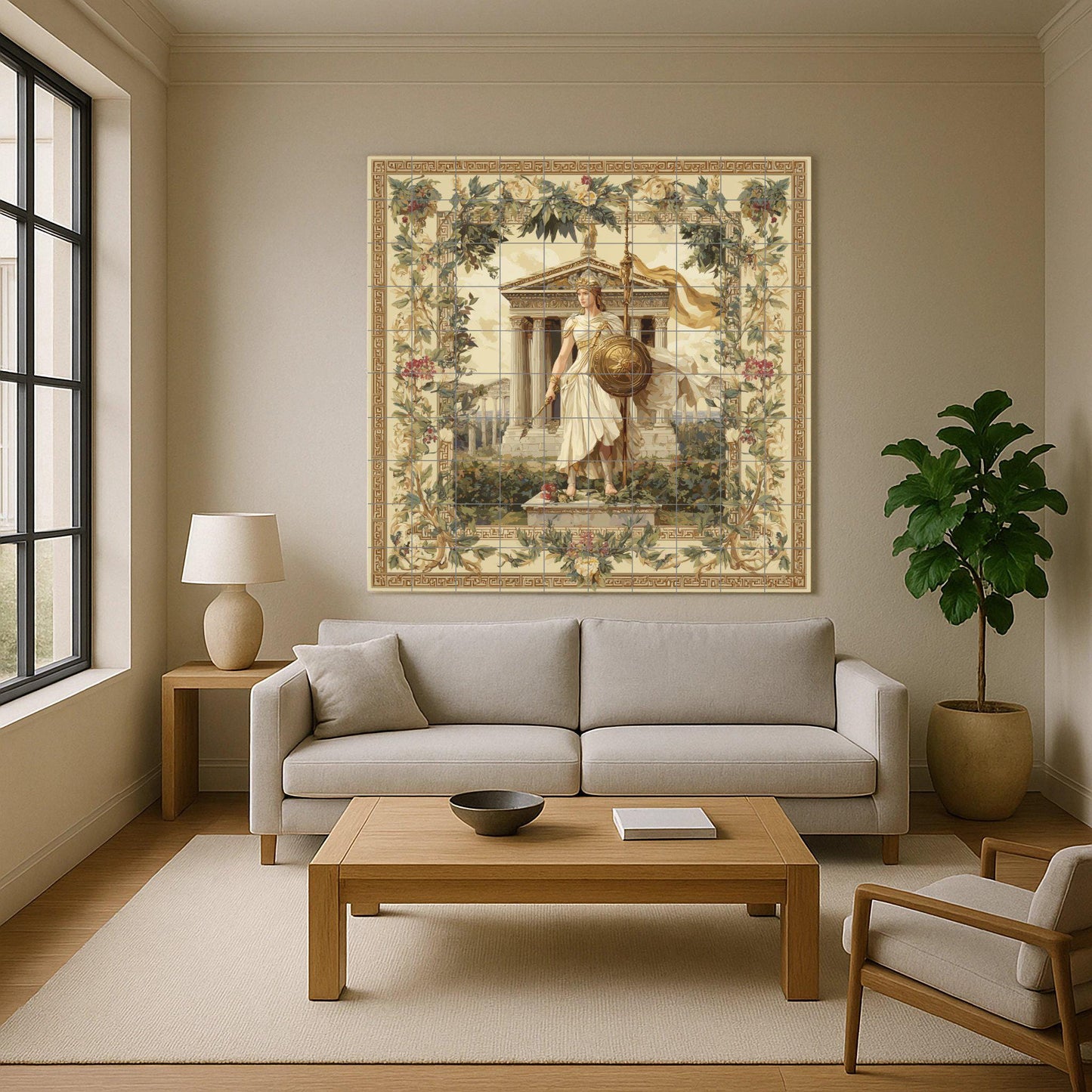 Athena tile mural / Greek goddess wall art / Classical Greek decor / Mediterranean ceramic tiles / Mythology and architecture