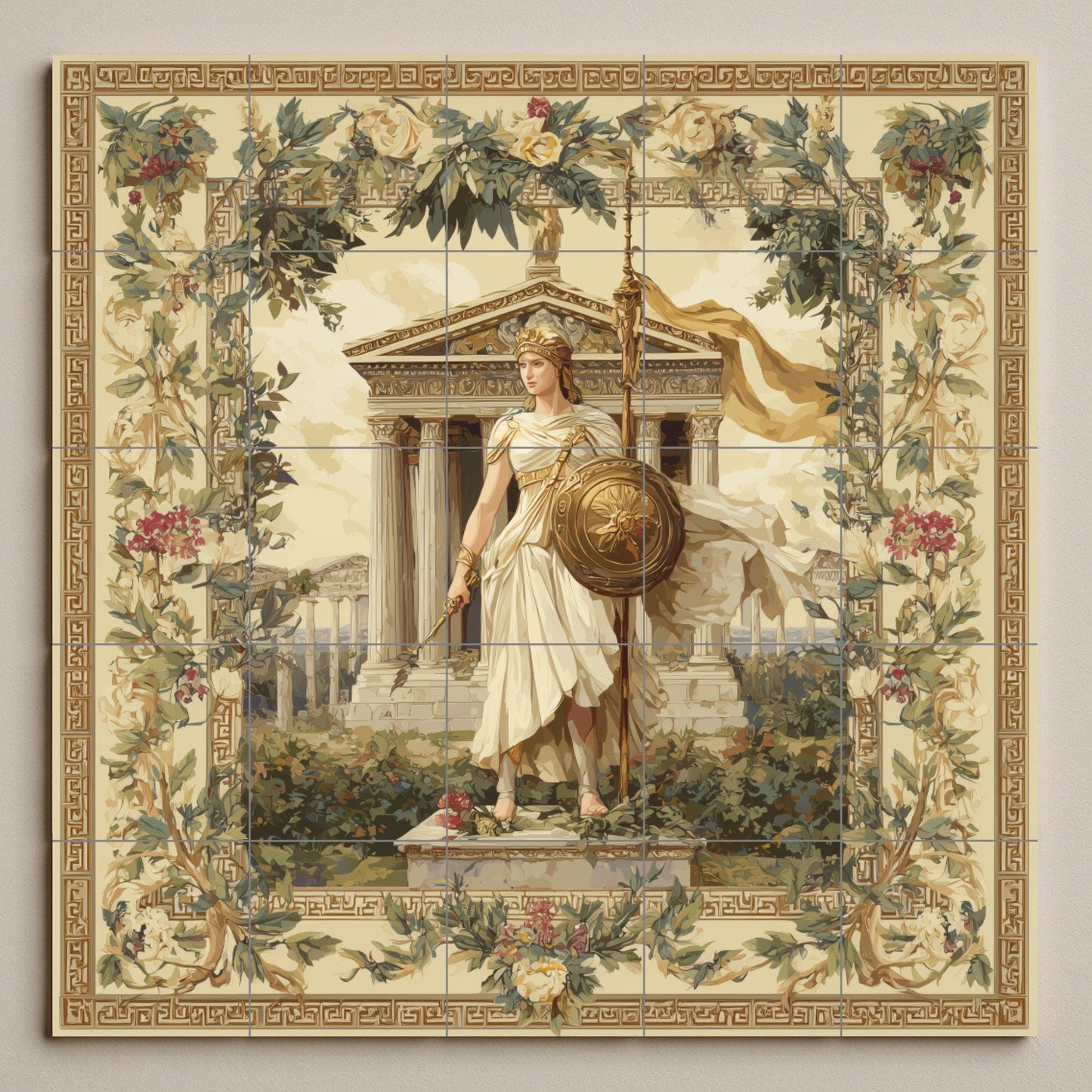 Athena tile mural / Greek goddess wall art / Classical Greek decor / Mediterranean ceramic tiles / Mythology and architecture