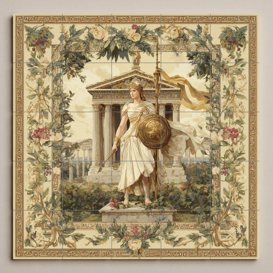 Athena tile mural / Greek goddess wall art / Classical Greek decor / Mediterranean ceramic tiles / Mythology and architecture