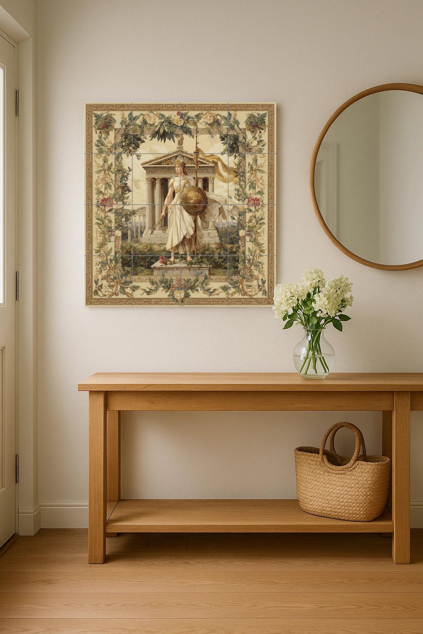 Athena tile mural / Greek goddess wall art / Classical Greek decor / Mediterranean ceramic tiles / Mythology and architecture